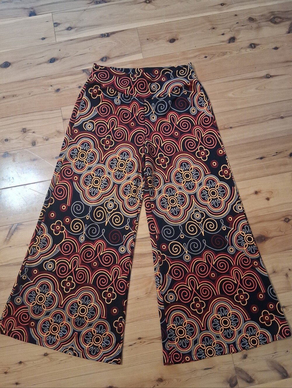 Wide Leg Palazzo Floral Print Pants - Black with Red & Yellow Pattern Medium
